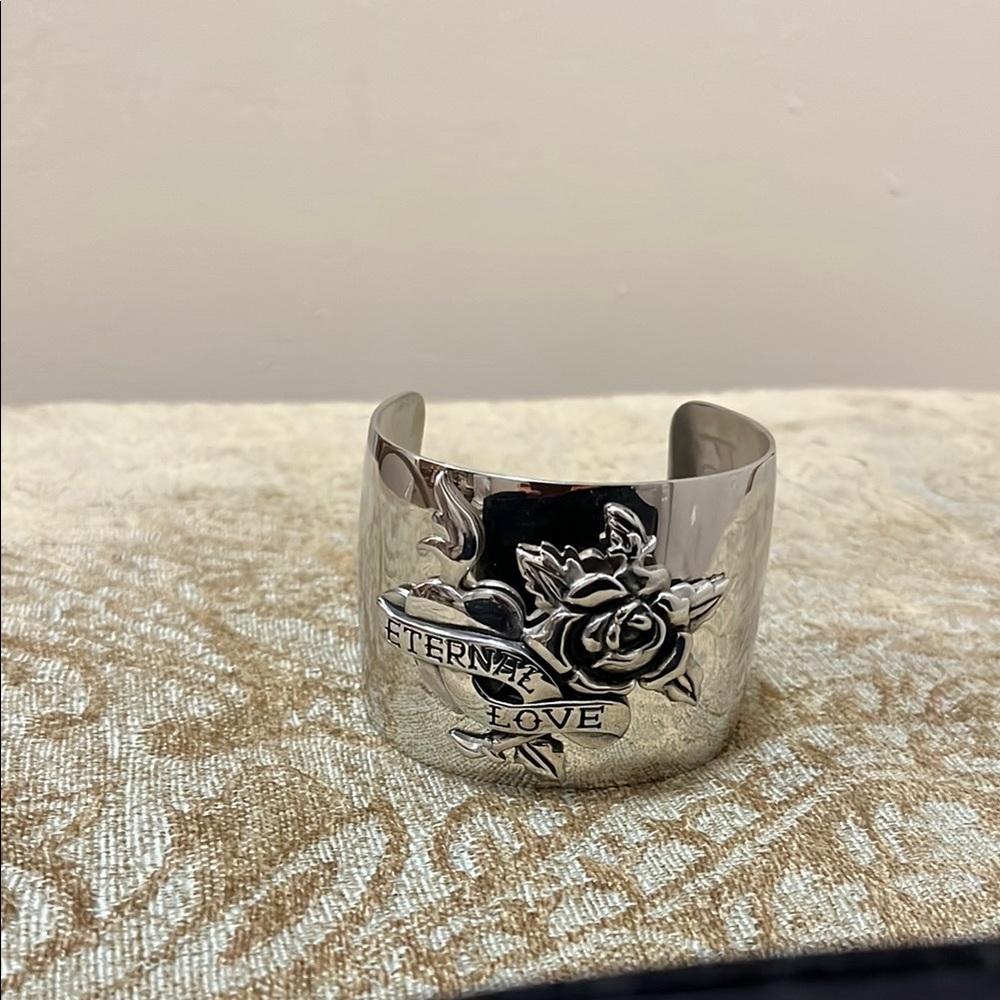 Silver Cuff Bracelet with Rose Design